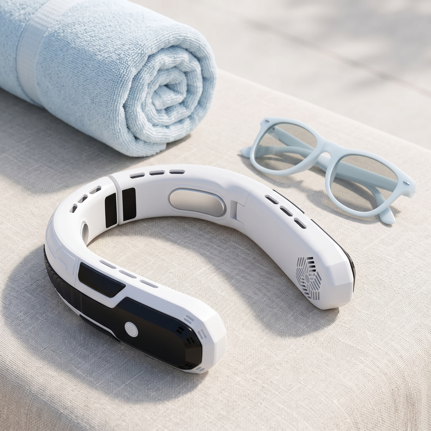 Neck fan next to a towel and sunglasses