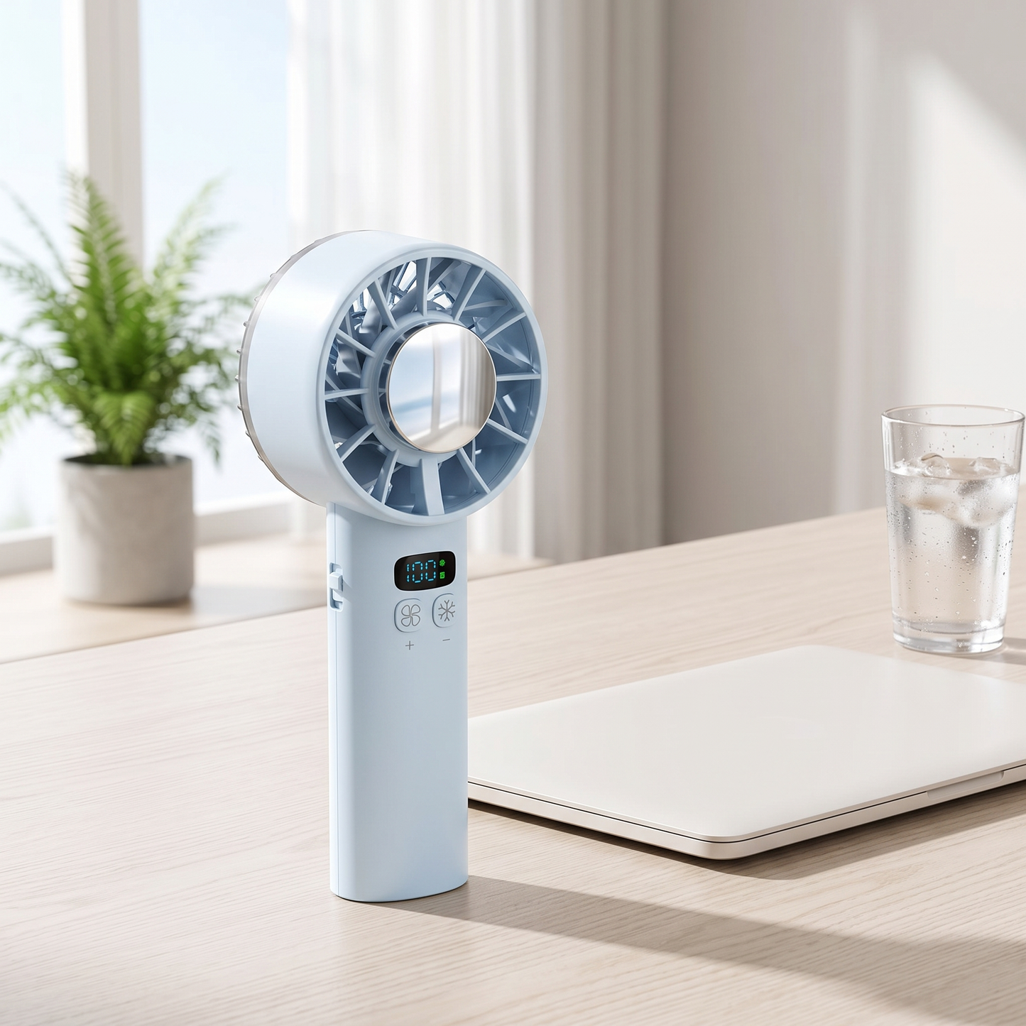Handheld cooling fan on a desk