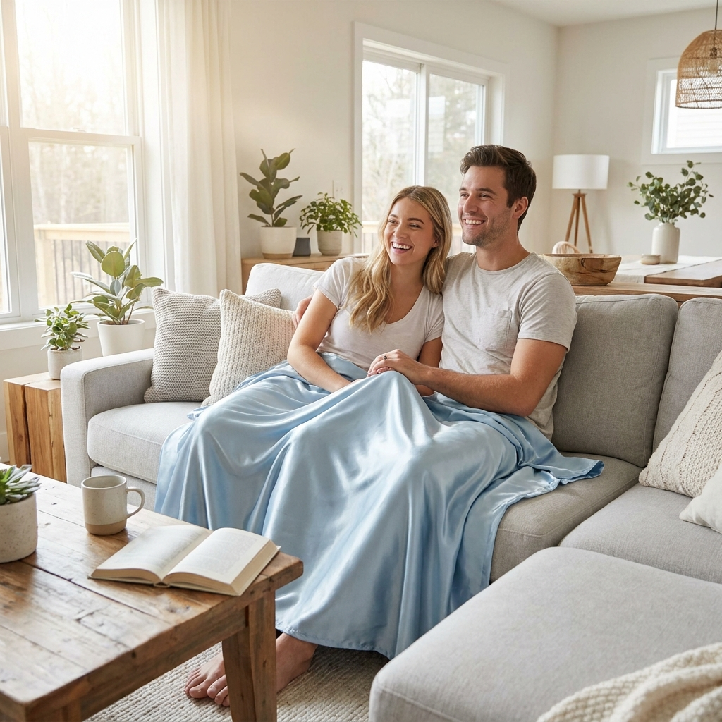 Couple relaxing at home under a Lerevio blanket